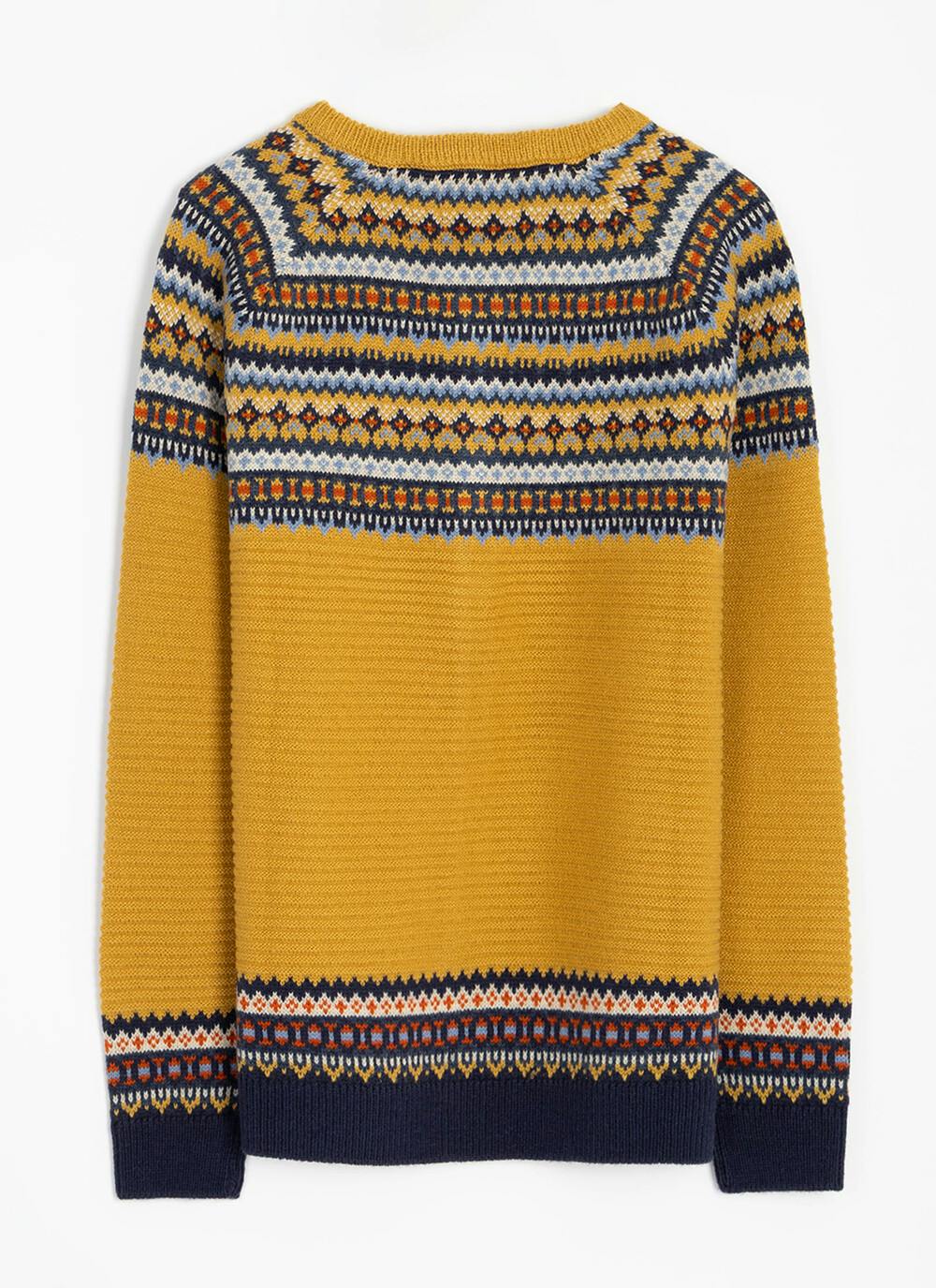 Wool Blend Yoke Fairisle Crew Neck Cardigan