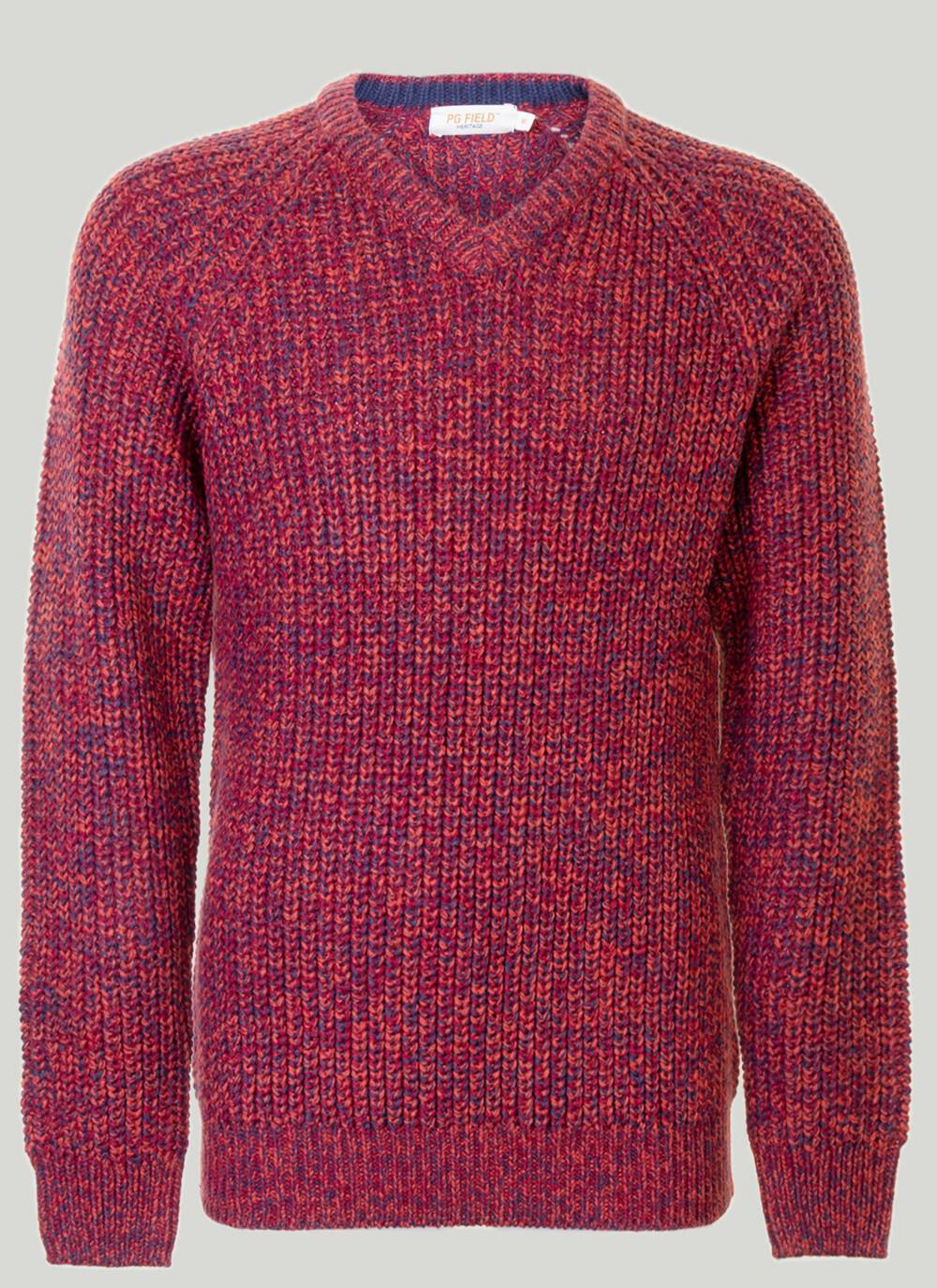  Red V Neck Fisherman Rib Jumper