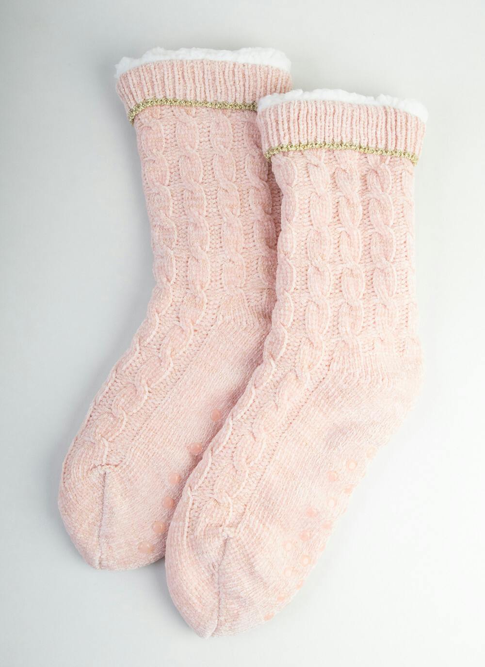  Pink Cable Chenille Slipper Socks