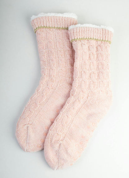  Pink Cable Chenille Slipper Socks