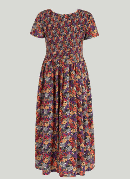  Shirred Bodice Print Midi Dress