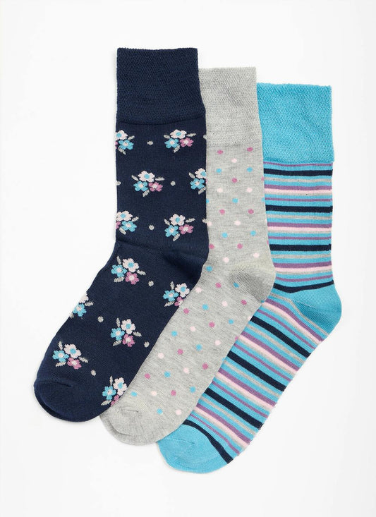  3 Pack Floral / Spot / Stripe Bamboo Blend Socks