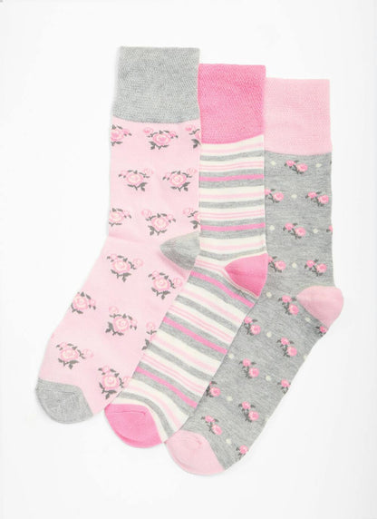  3 Pack Floral / Stripe Bamboo Blend Socks