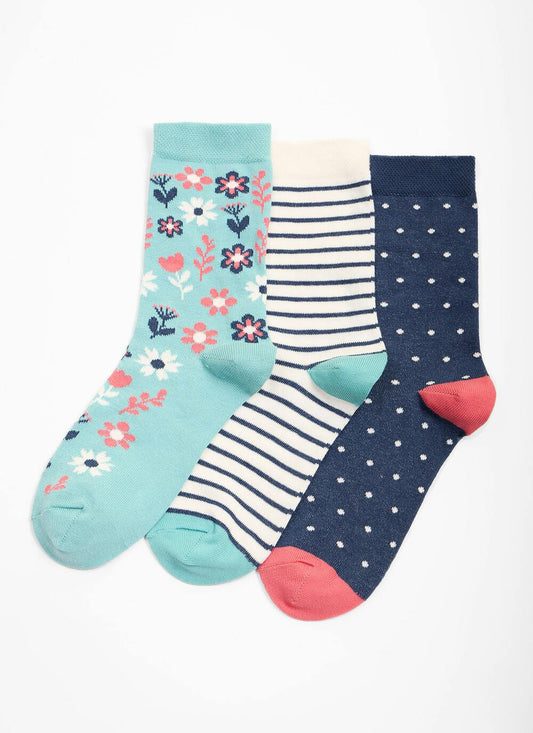  3 Pack Floral / Stripe / Spot Socks