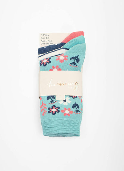  3 Pack Floral / Stripe / Spot Socks
