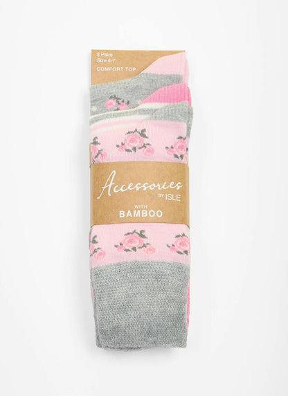  3 Pack Floral / Stripe Bamboo Blend Socks
