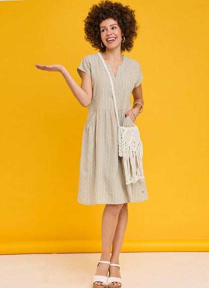  Linen Blend Stripe Midi Dress