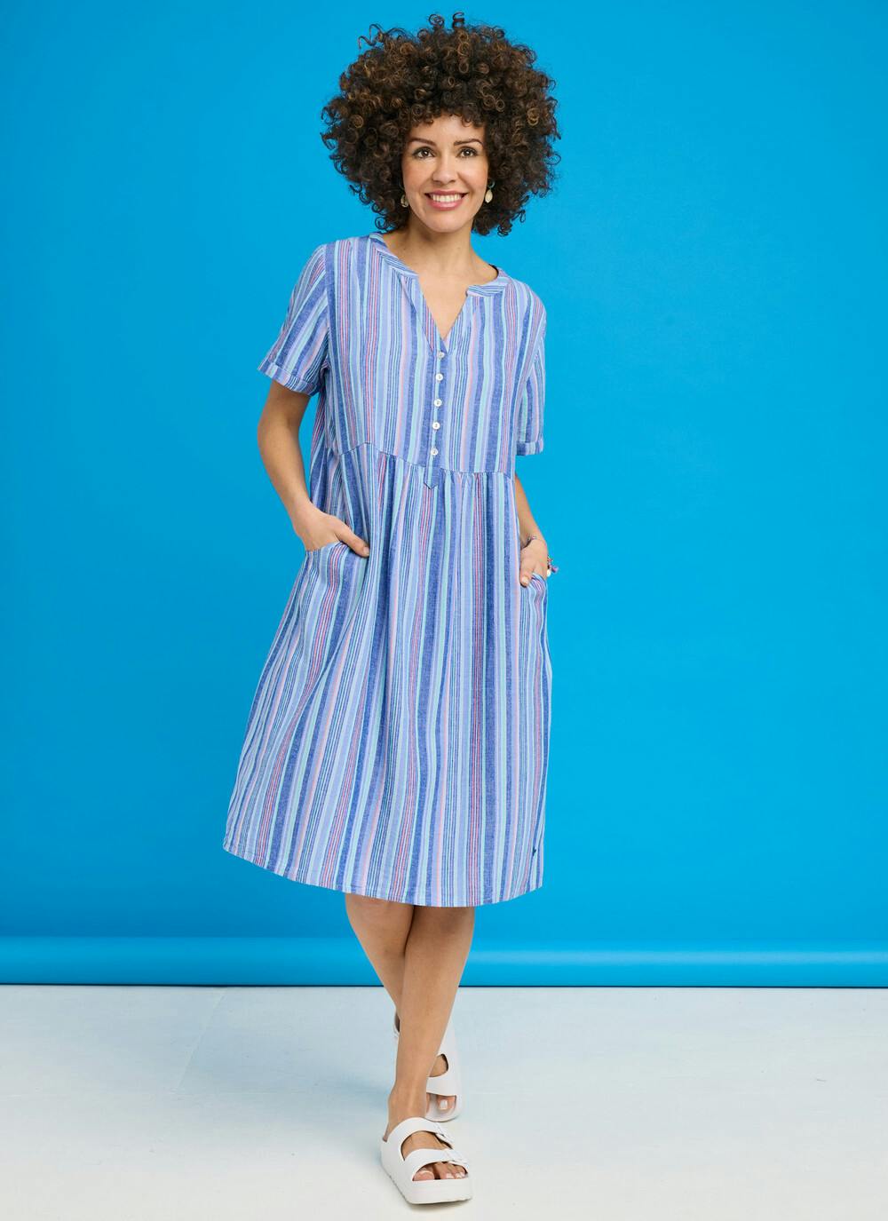  Linen Blend Striped Midi Dress