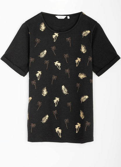  Linen Blend All Over Embellished Palm Tree T-Shirt