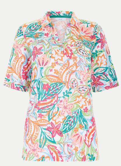  Linen Blend Print Polo Shirt