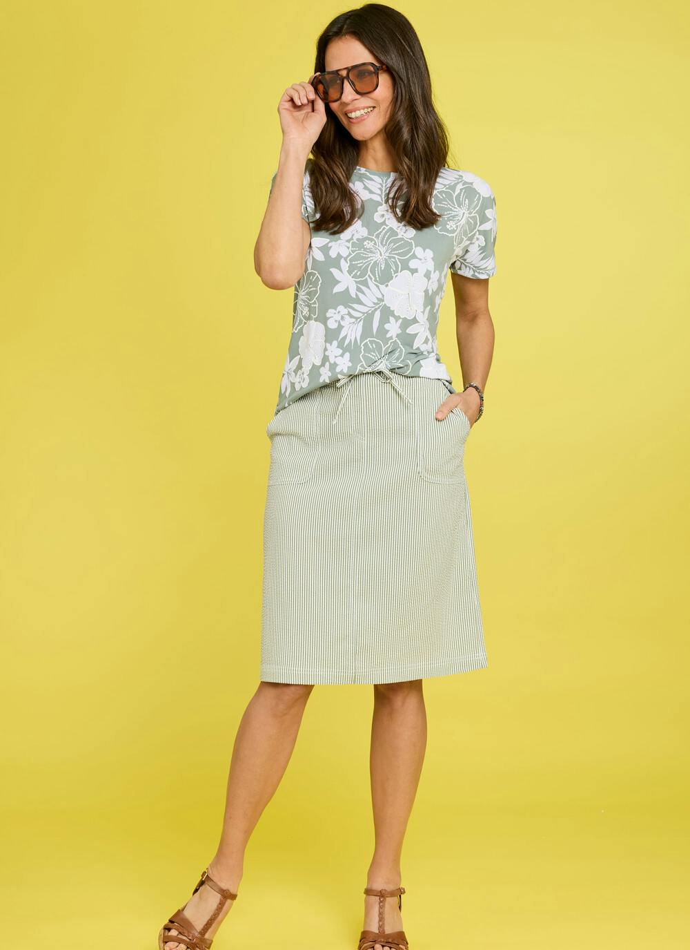  Cotton Blend Seersucker Stripe Midi Skirt
