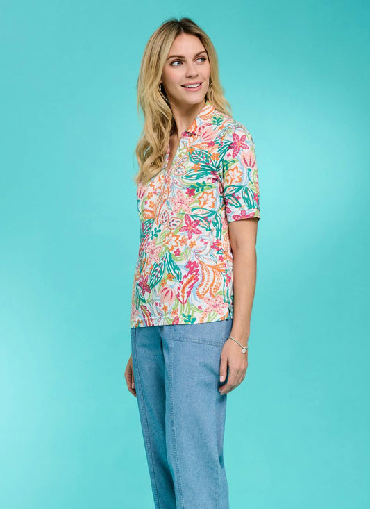  Linen Blend Print Polo Shirt