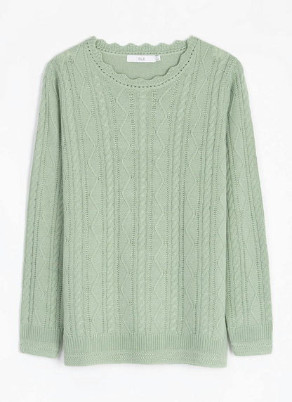  Cable Knit Scallop Edge Crew Neck Jumper