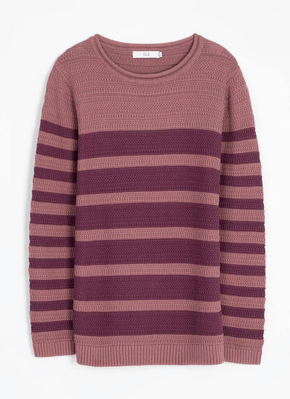  Pure Cotton Textured Crew Neck Striped Jumper