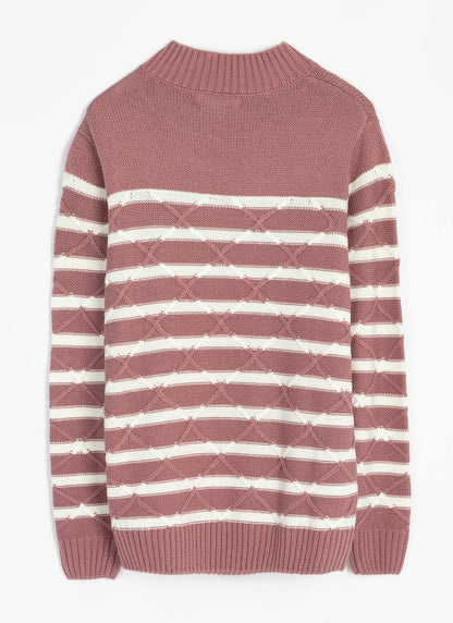  Lattice Stitch Striped Turtle Neck Jumper