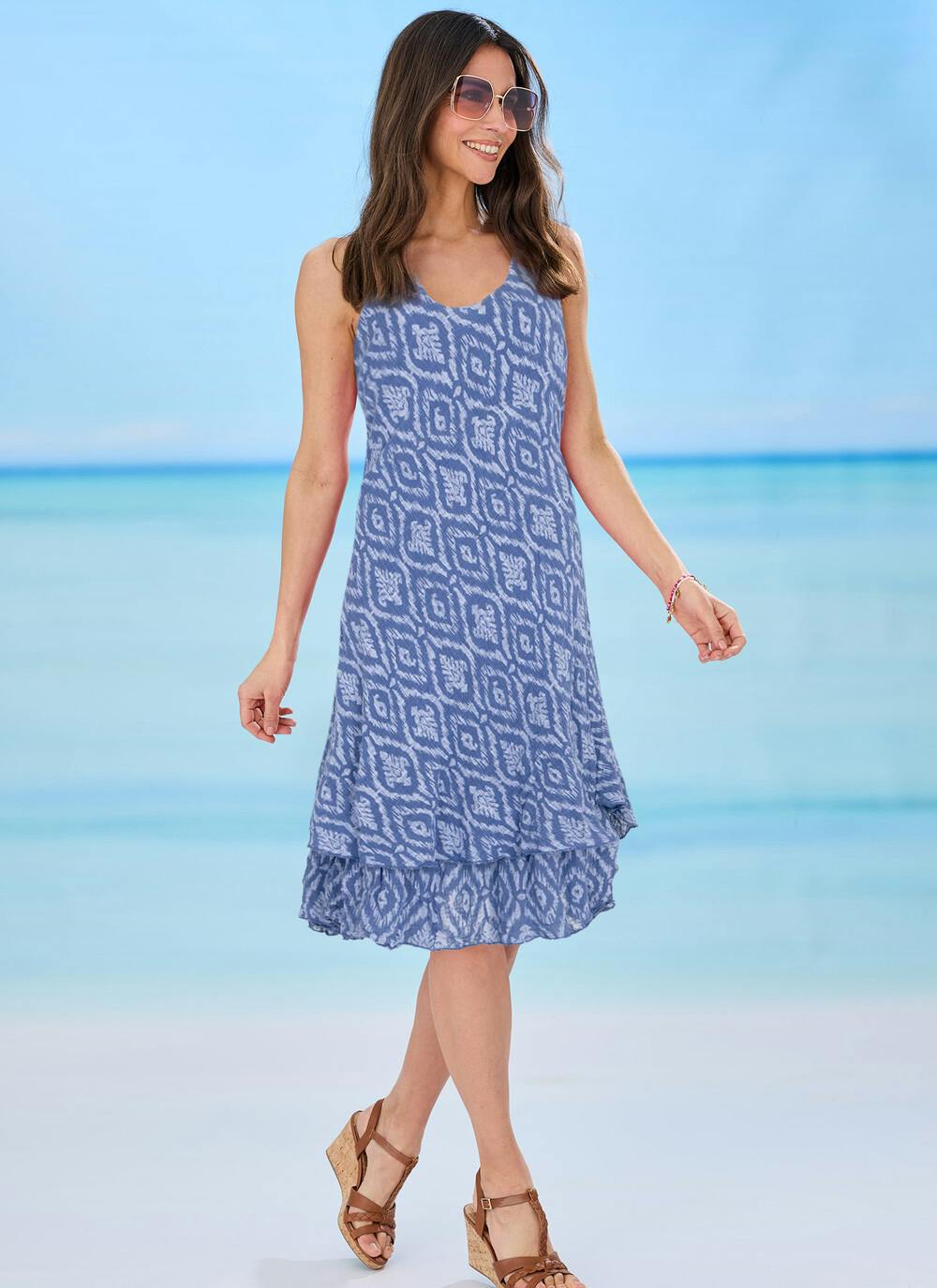  Cotton Blend Tiered Aztec Print Dress