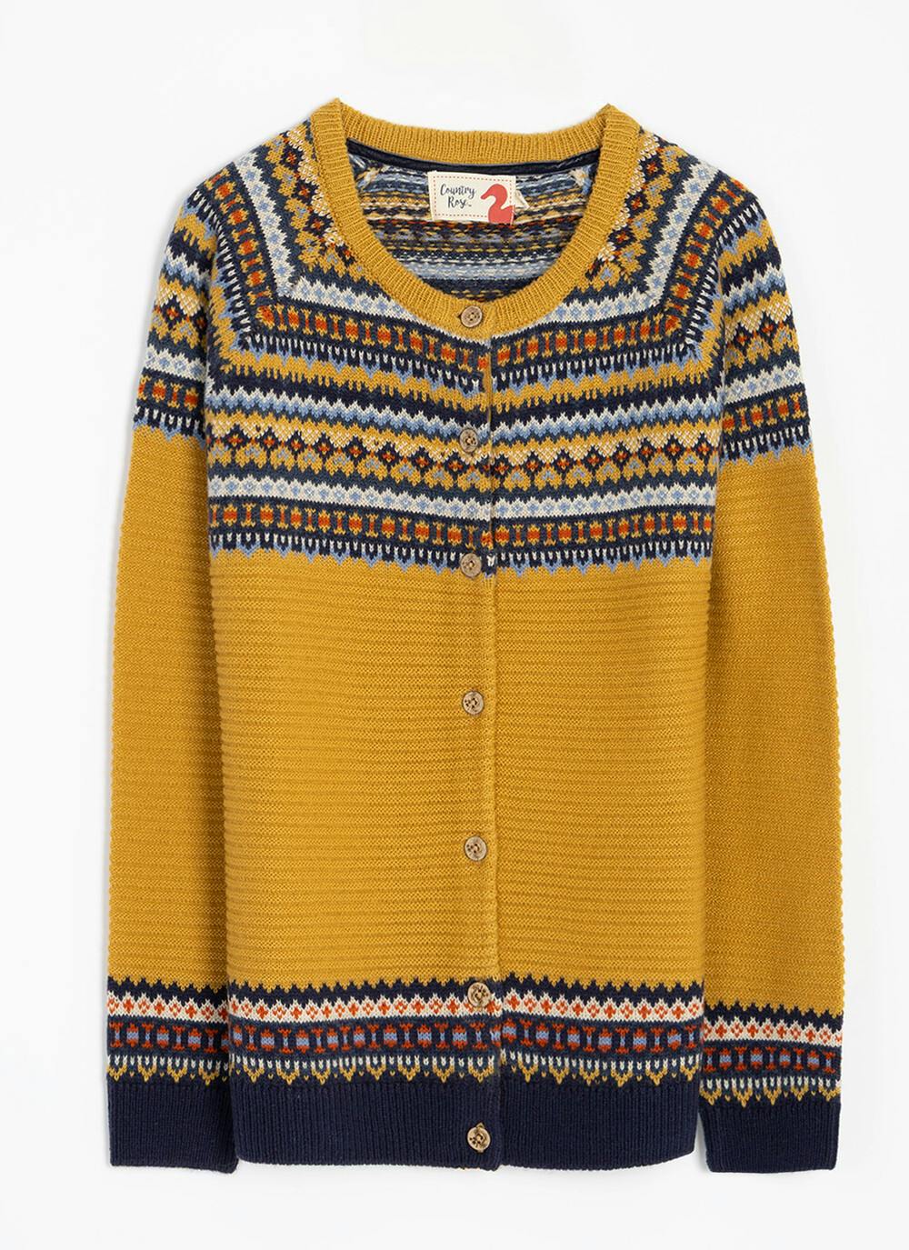  Wool Blend Yoke Fairisle Crew Neck Cardigan