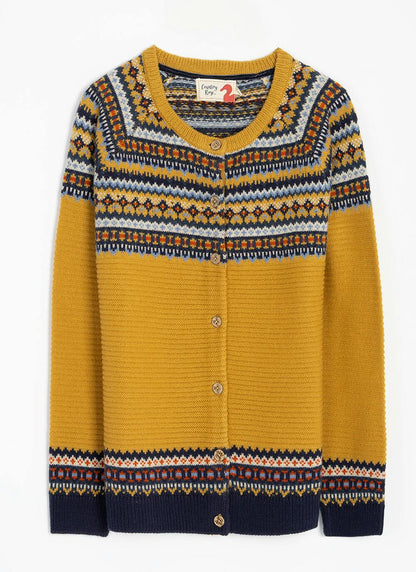  Wool Blend Yoke Fairisle Crew Neck Cardigan