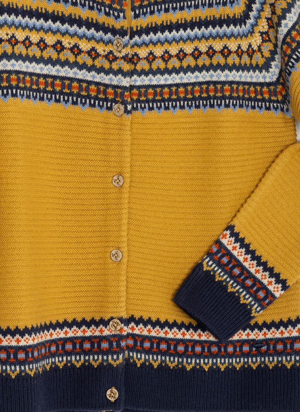  Wool Blend Yoke Fairisle Crew Neck Cardigan