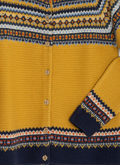  Wool Blend Yoke Fairisle Crew Neck Cardigan