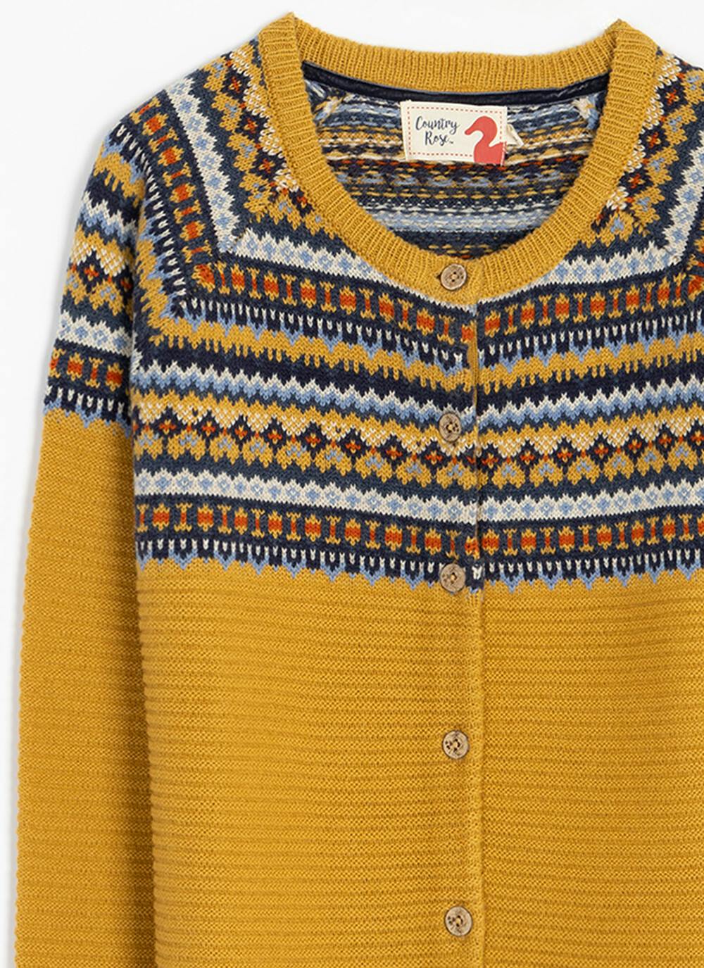  Wool Blend Yoke Fairisle Crew Neck Cardigan