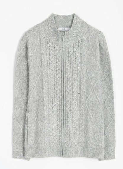  Wool Blend Cable Funnel Neck Cardigan