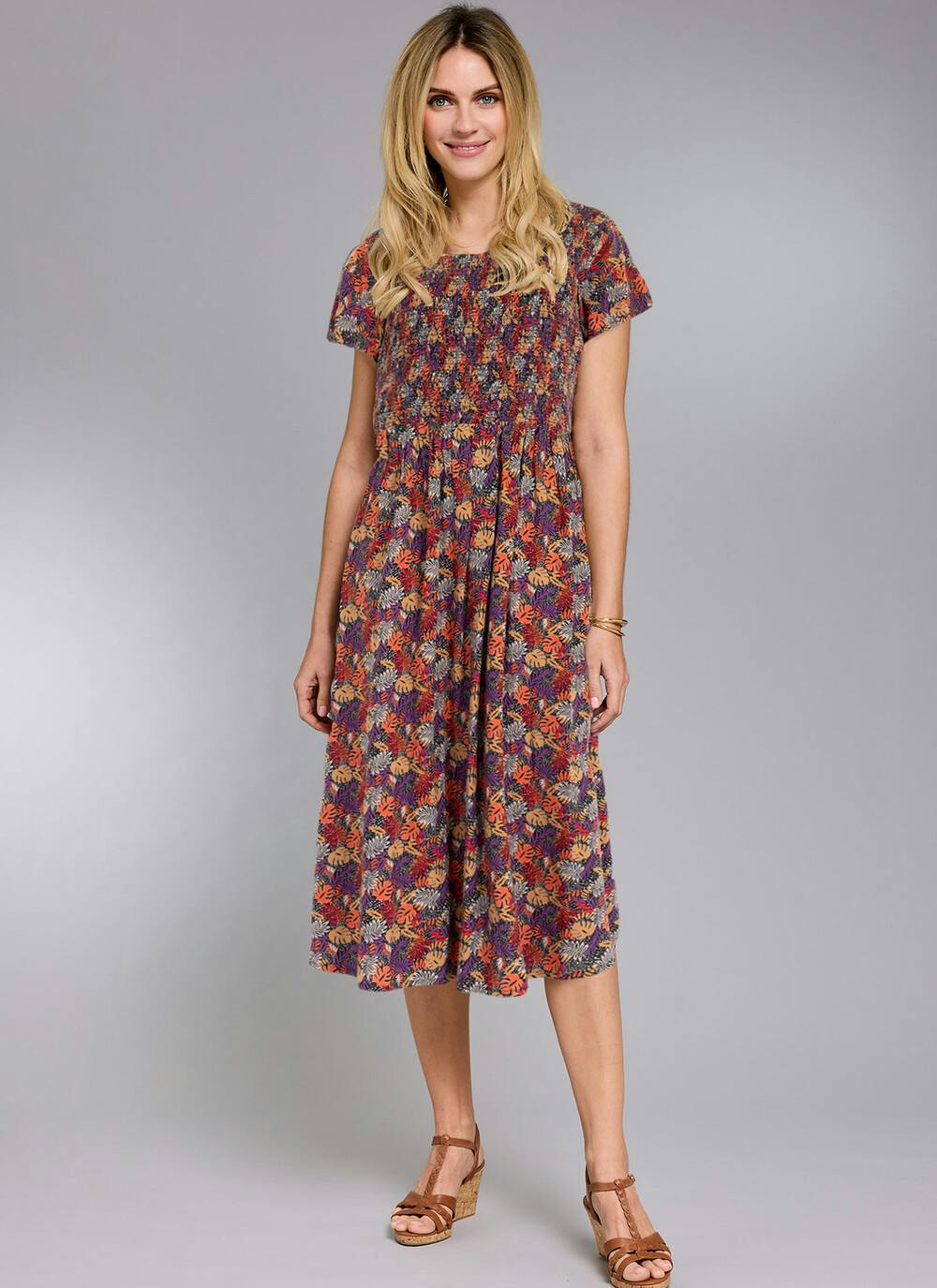  Shirred Bodice Print Midi Dress