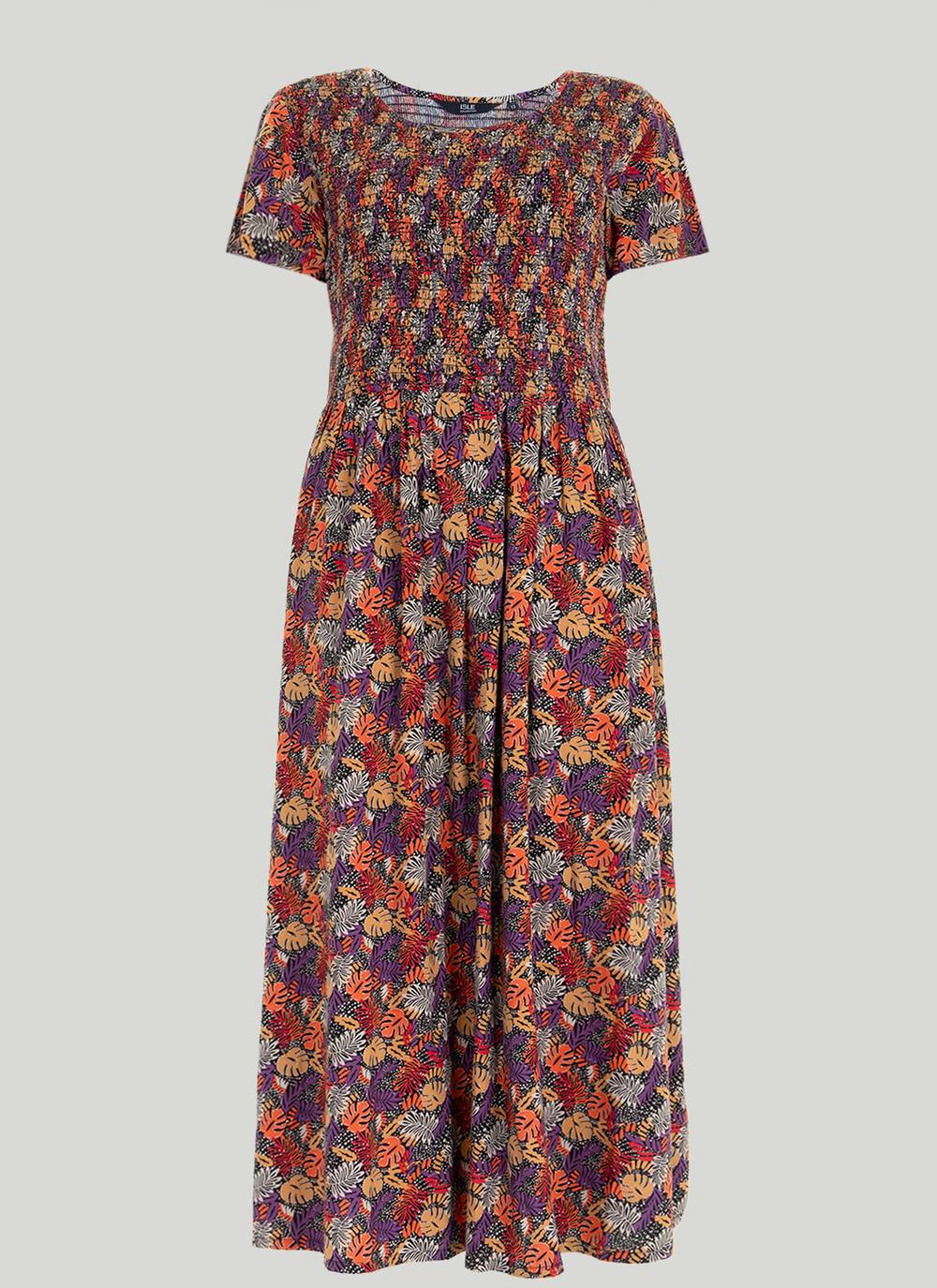 Shirred Bodice Print Midi Dress