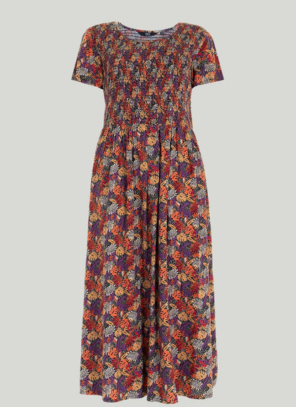  Shirred Bodice Print Midi Dress