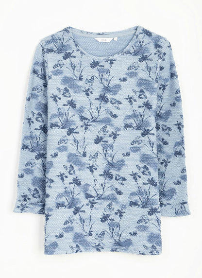  Cotton Rich Textured Crew Neck Printed Top