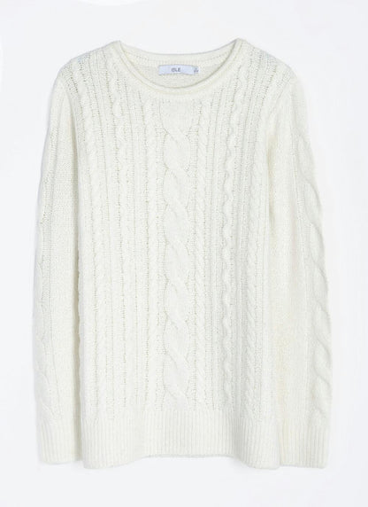  Wool Blend Cable Knit Crew Neck Jumper