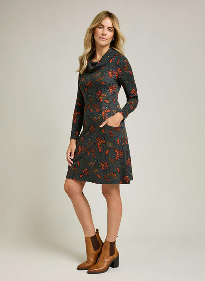  Warm Handle Cowl Neck Printed Dress