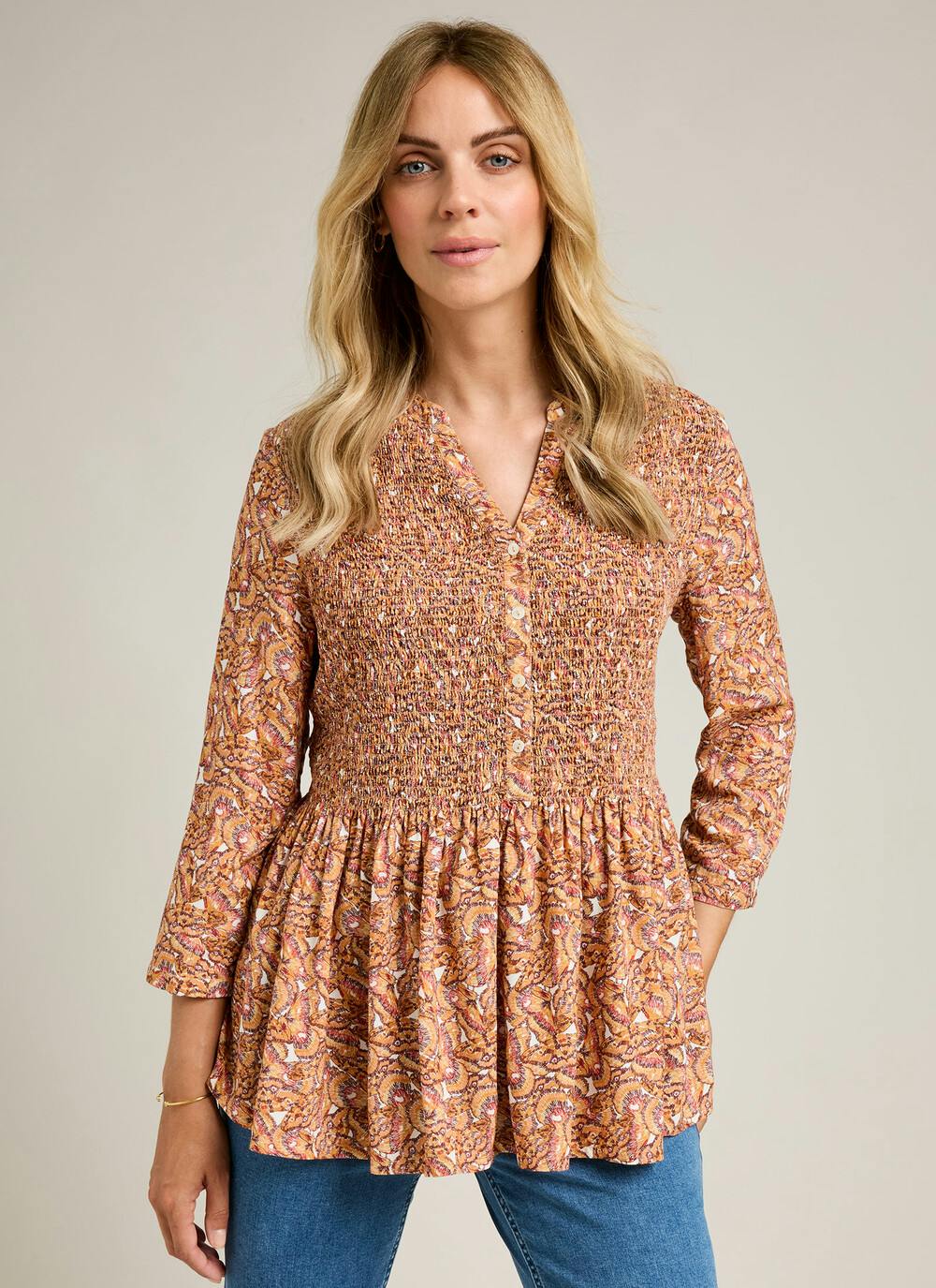  Shirred Notch Neck Blouse