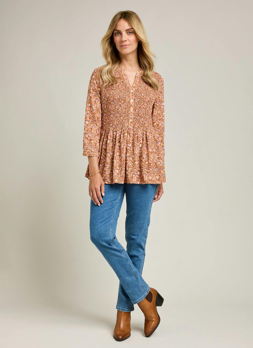  Shirred Notch Neck Blouse