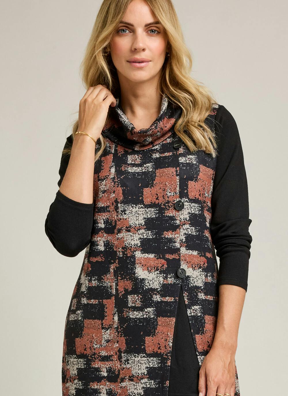  Button Front Cowl Neck Tunic