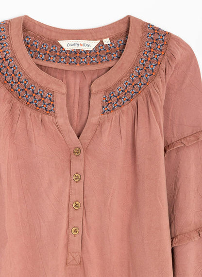  Embroidered Shirred Neck Blouse