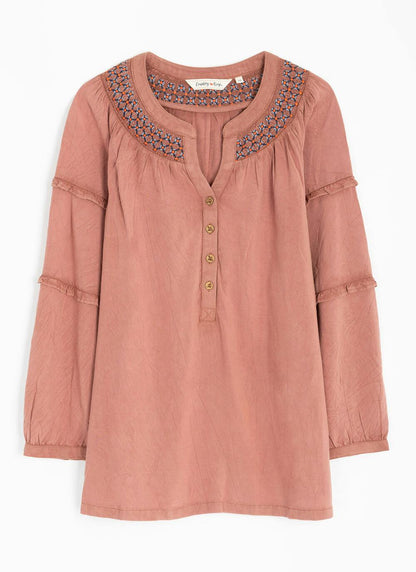  Embroidered Shirred Neck Blouse
