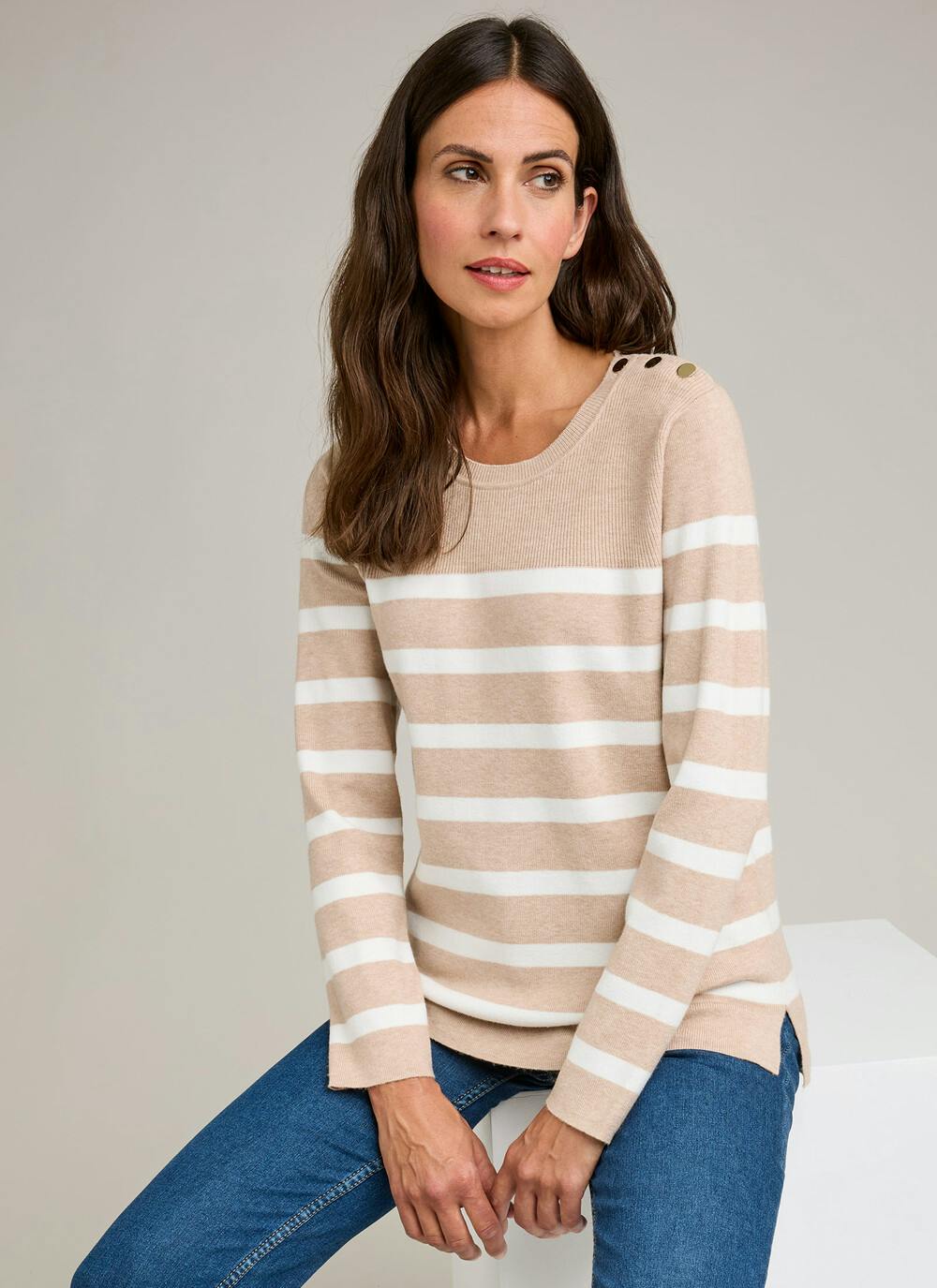  Button Detail Striped Crew Neck Jumper