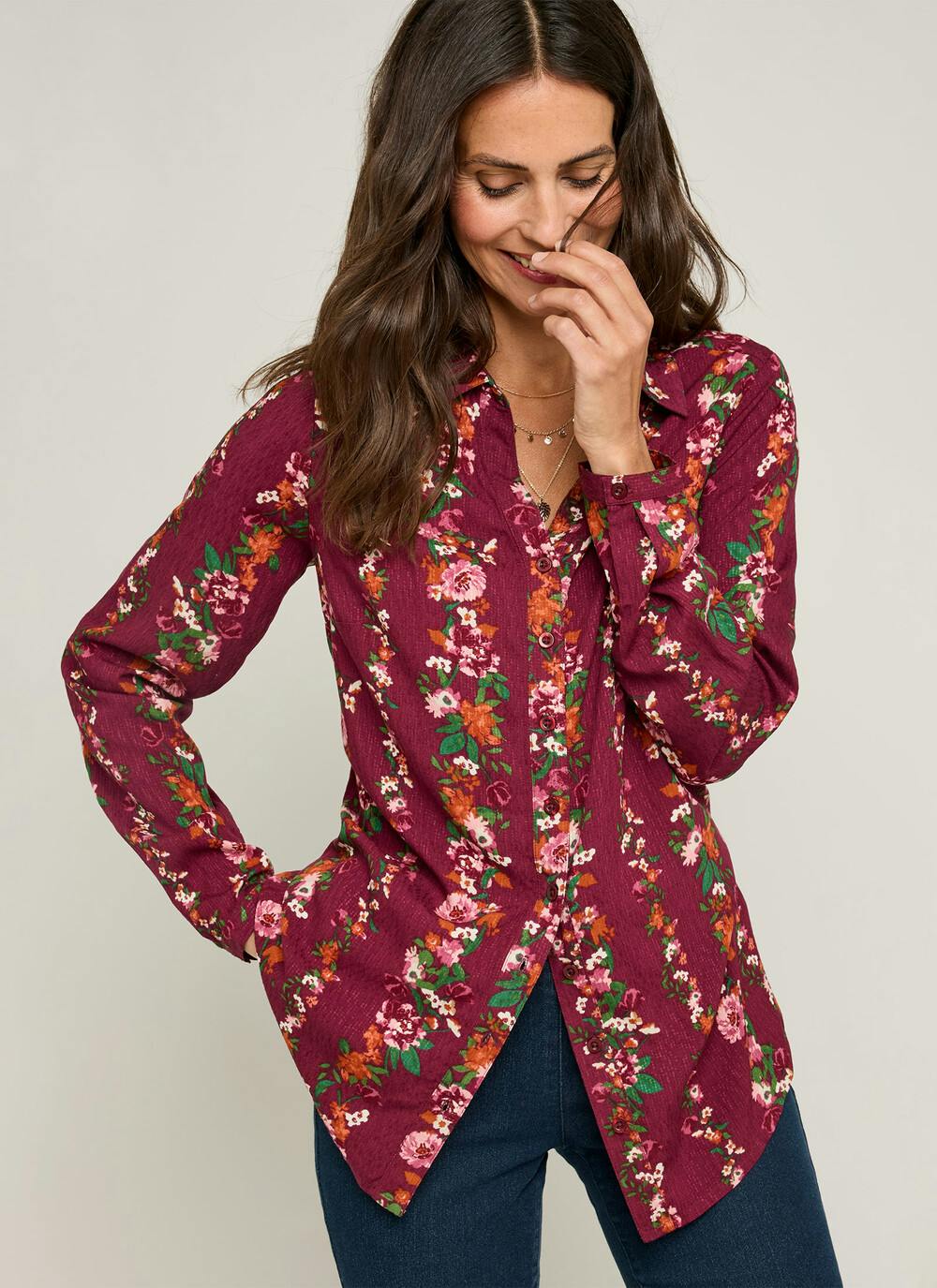  Floral Stripe Printed V Neck Blouse