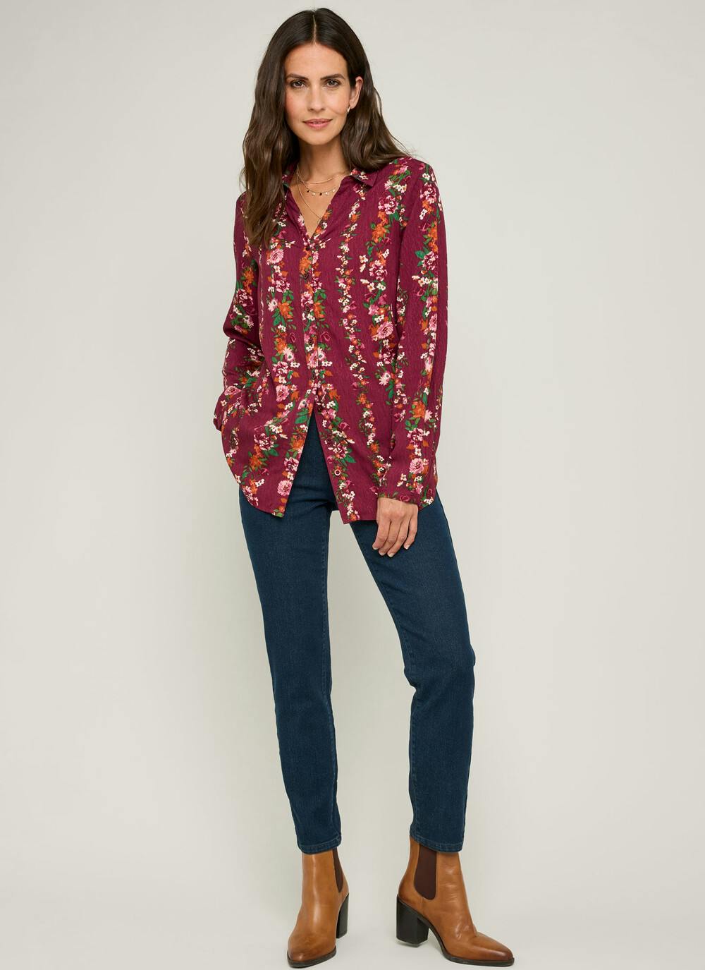  Floral Stripe Printed V Neck Blouse