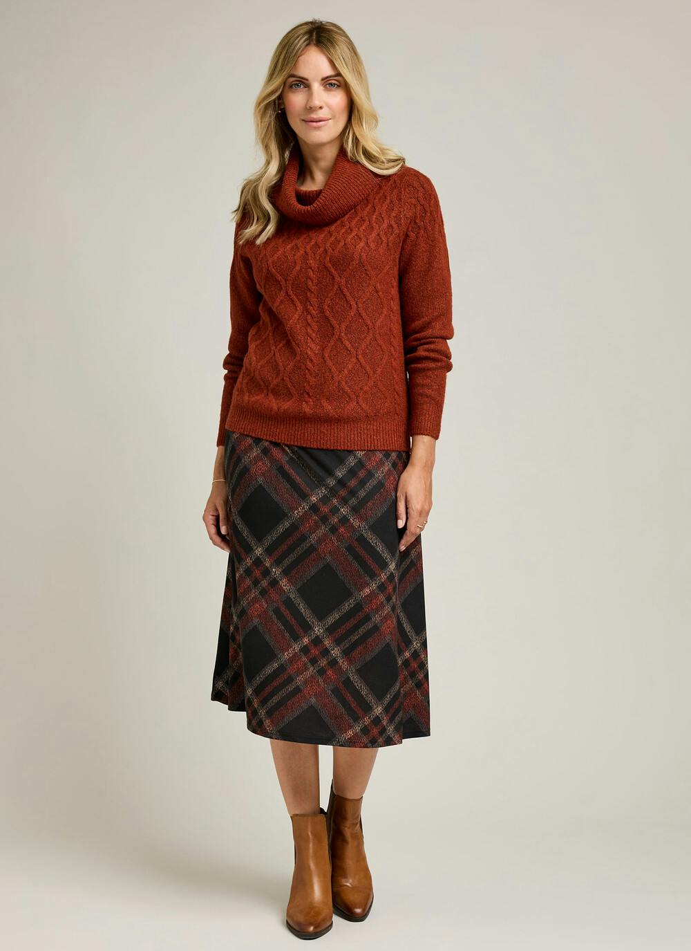  Warm Handle Checked Midi Skirt