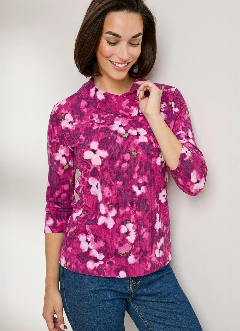  Textured Print Cowl Neck Top