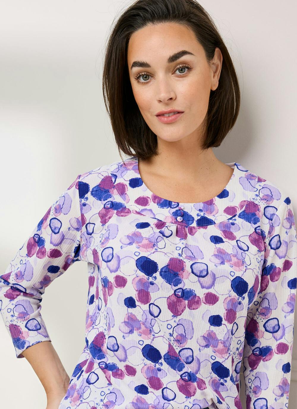  Textured Ruched Neck Print Top