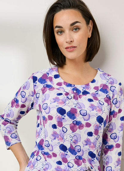  Textured Ruched Neck Print Top