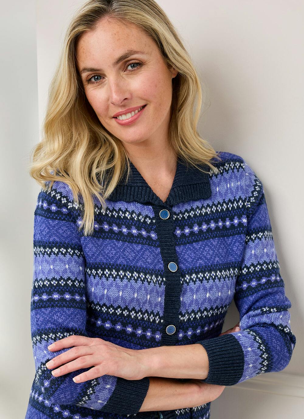  Fairisle Knit Collared Cardigan