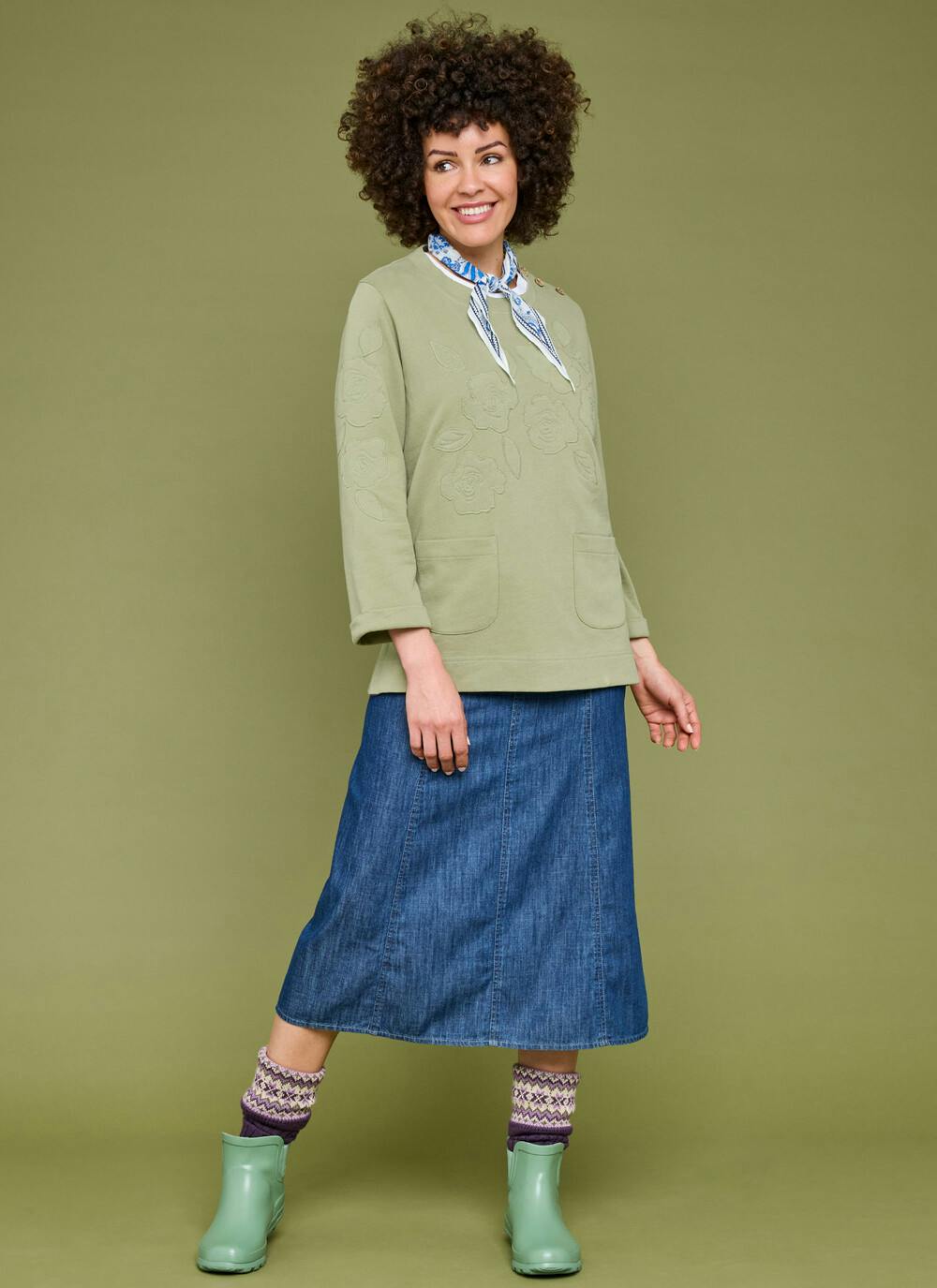  Pure Cotton Denim Midi Skirt