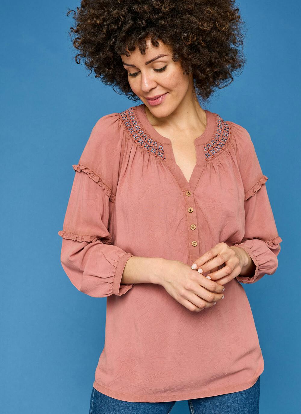  Embroidered Shirred Neck Blouse