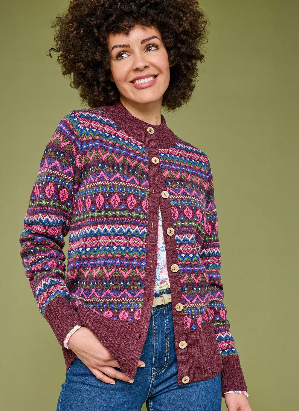  Wool Blend Fairisle Funnel Neck Cardigan