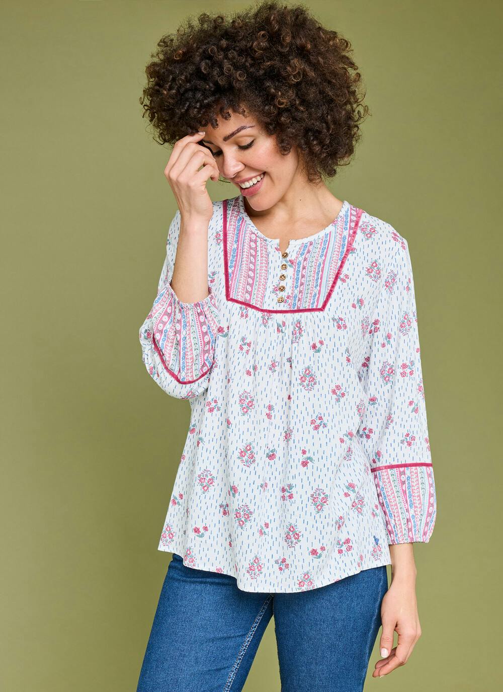 Pure Cotton Printed Pintuck Blouse