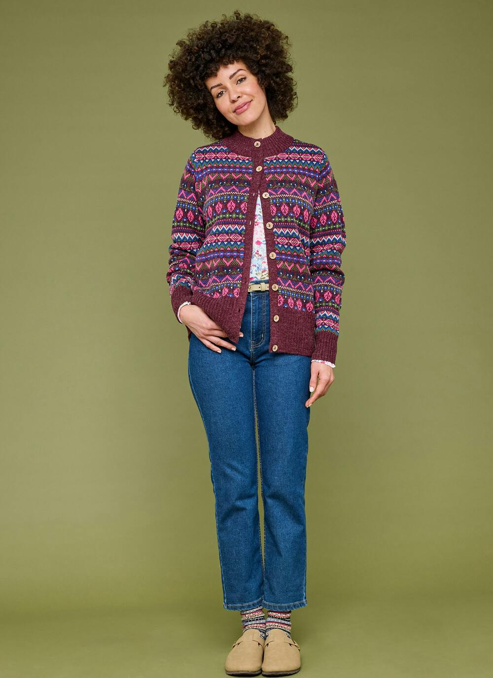  Wool Blend Fairisle Funnel Neck Cardigan